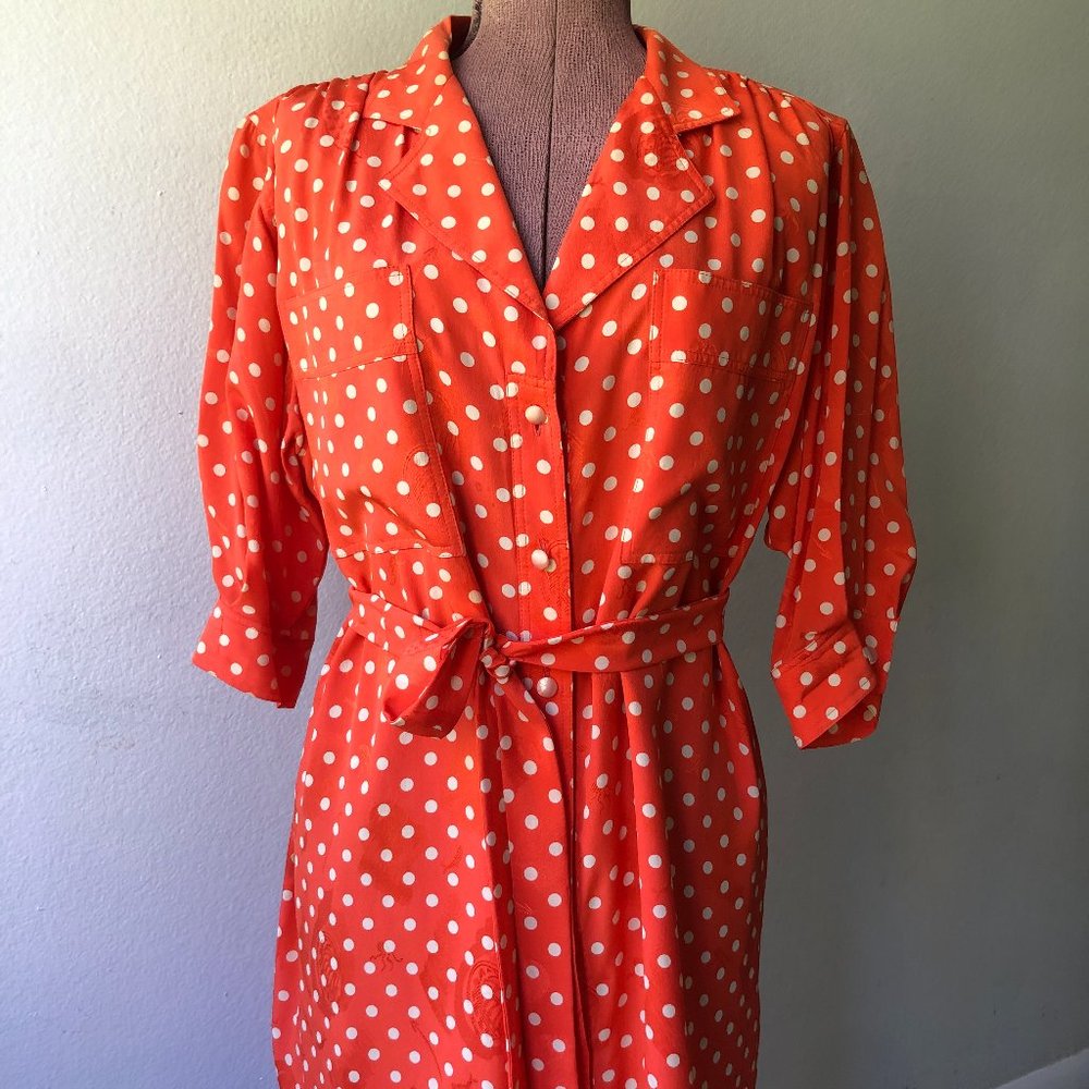 Vintage Emanual Ungaro Paralele Silk 1980s Orange Polka Dot Shirt Dress